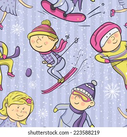 Winter sports, vector illustration with cartoon sportsmen seamless pattern