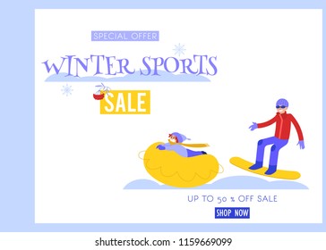 Winter sports vector illustration sale banner with young man snowboarding and child riding on snow tube isolated on white background - seasonal promotion design in flat style.