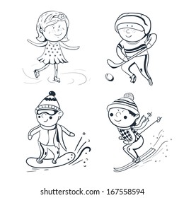 Winter sports, vector ilustration, black-white sketch sportsmen