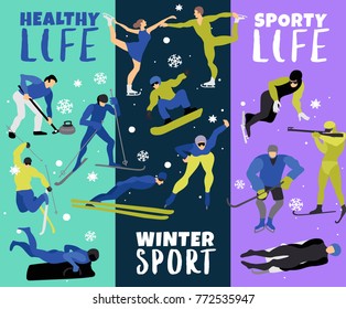 Winter sports vertical banners with skier biathlonist snowboarder hockey skater figurines flat vector illustration   