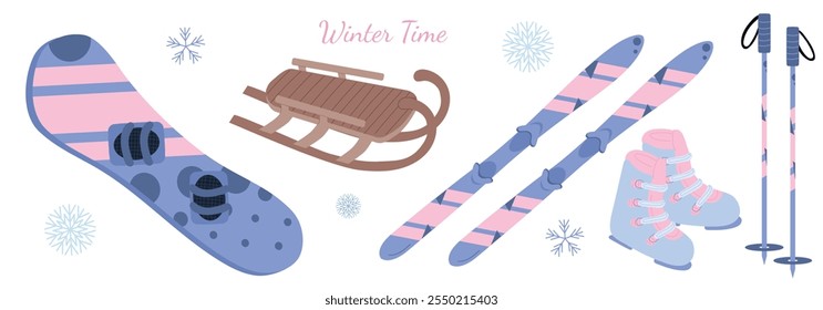 Winter sports web banner. Hand drawn vector sketch illustration in flat style. Snowboard, wooden sledge, pair of ski, boots and ski poles on white background. Winter snow activity