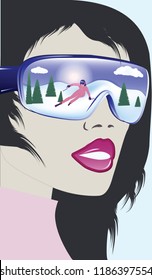 Winter sports. Woman in glasses with reflection of snowdrifts, trees and skiers - art vector.