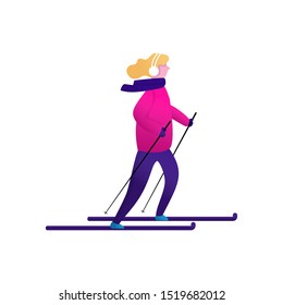 Winter sports with woman skiing. Flat vector characters isolated. Christmas design for greeting card, poster, banner.