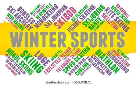 Winter sports. Word cloud, colored font, white background. 