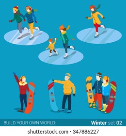 Winter sports young happy people family activity icon set flat 3d isometry isometric concept web vector illustration. Mom son boy girl snowboard snowboarder ice skaters. Creative people collection.