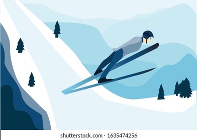 Winter sportsman ski jumping on ski slopes background. Vector illustration.