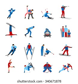 Winter sportsmen set with people on snowboard skies skates isolated vector illustration
