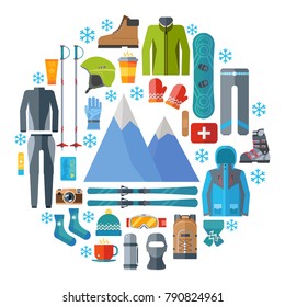 Winter sportswear and equipment round icon set. Skiing, snowboarding vector isolated. Ski resort elements in flat design.