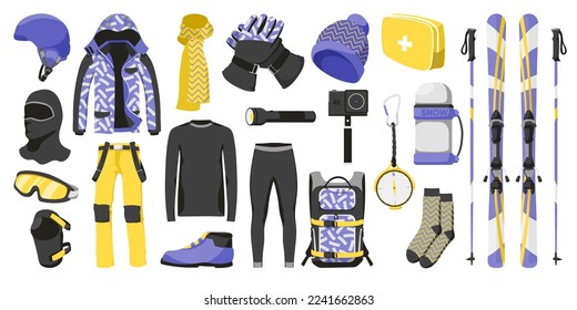 Winter sportswear flat icons set. Different equipment for skiing. Skis, goggles, ski suit, helmet, underwear clothes and warm socks. Clothes collection for active travel. Isolated vector illustrations