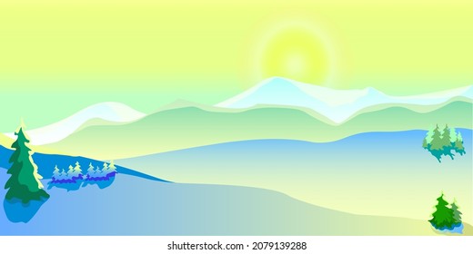 Winter or spring landscape. Mountains in the distance and bright sun.
In the illustration, the colors are light yellow, green and blue.