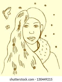 Winter and spring in one girl, vector sketch illustration