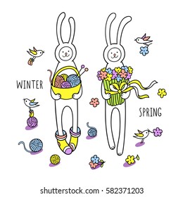 Winter and spring seasons set of hand drawn animal characters and graphic elements for kids design. Cute bunny rabbits with basket of wool balls and bouquet of wildflowers and flying little birds.