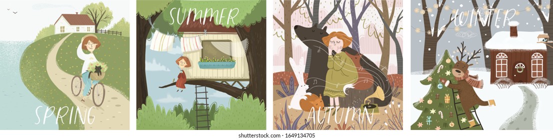 Winter, Spring, Summer And Autumn. Cute Vector Illustration Of Girl On Bicycle, Tree House, Girl With Animals Listens To Music In Forest, Deer Decorates Christmas Tree. Set Of Card, Poster, Postcard