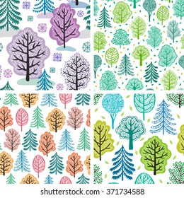 Winter, spring, summer and autumn forest. Four seasons. Collection of trees seamless patterns