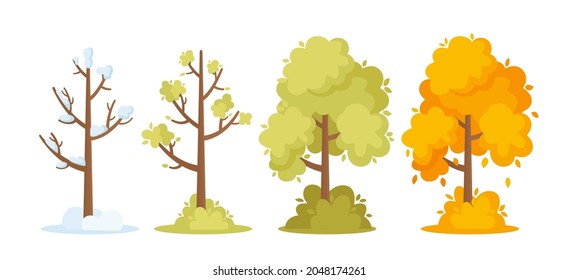 Winter, Spring, Summer and Autumn Seasons Concept. Trees with Snow on Branches, Green and Orange Colored Foliage. Forest or Park Plants Isolated on White Background. Cartoon Vector Illustration