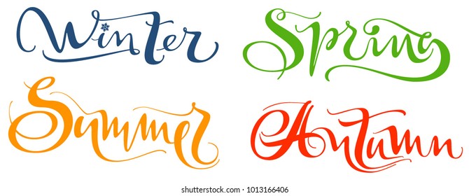 Winter spring summer autumn set hand written calligraphy text. Isolated on white vector illustration
