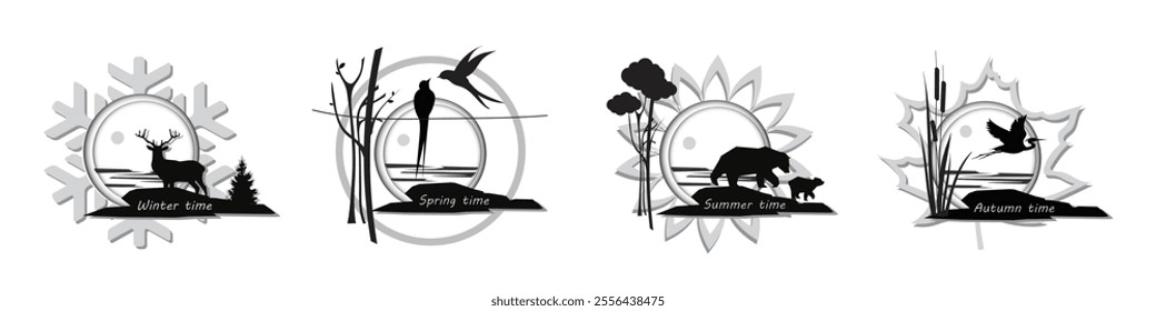 Winter, spring, summer, autumn time drawings set with silhouette animals - deer, bears, swallow birds, flying heron, 4 of year seasons icons isolated on white for banner, calendar, card, cover design.