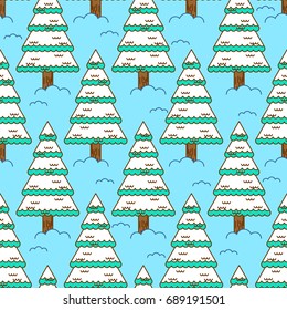 Winter spruce seamless pattern. Fir forest in winter ornament. Christmas tree in snow texture