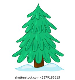 winter spruce stands in the snow. Cartoon illustration of a winter Christmas tree outside in the snow. A symbol of winter and cold