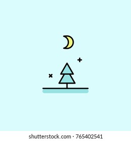 Winter spruce staying under half moon simple flat vector illustration