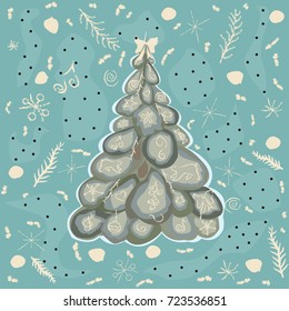 Winter Spruce Tree with winter elements and doodles. Vector Illustration.