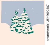 Winter Spruce Tree in the snow. Green fluffy snow covered pine. Retro cartoon style. Hand drawn Vector illustration. Isolated design element. Christmas, new year celebration, cozy weather concept