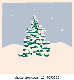 Winter Spruce Tree in the snow. Green fluffy snow covered pine. Retro cartoon style. Hand drawn Vector illustration. Isolated design element. Christmas, new year celebration, cozy weather concept