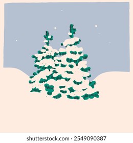 Winter Spruce Tree in the snow. Green fluffy snow covered pine. Retro cartoon style. Hand drawn Vector illustration. Isolated design element. Christmas, new year celebration, cozy weather concept