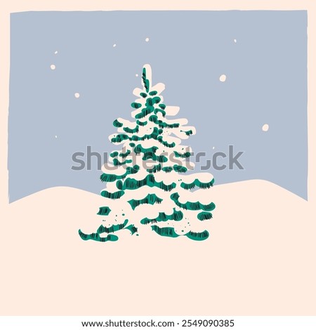 Winter Spruce Tree in the snow. Green fluffy snow covered pine. Retro cartoon style. Hand drawn Vector illustration. Isolated design element. Christmas, new year celebration, cozy weather concept