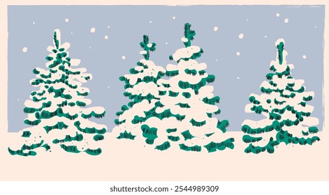 Winter Spruce Trees in the snow. Green fluffy snow covered pines. Retro cartoon style. Hand drawn Vector illustration. Isolated design elements. Christmas, new year celebration, cozy weather concept