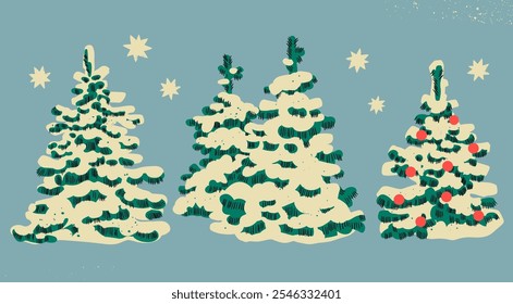 Winter Spruce Trees in the snow. Green fluffy snow covered pines. Retro cartoon style. Hand drawn Vector illustration. Isolated design elements. Christmas, new year celebration, cozy weather concept