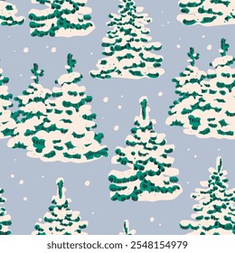 Winter Spruce Trees in the snow. Green fluffy snow covered pines. Retro cartoon style. Hand drawn Vector illustration. Christmas, new year celebration, cozy weather concept. Square seamless Pattern