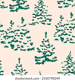 Winter Spruce Trees in the snow. Green fluffy snow covered pines. Retro cartoon style. Hand drawn Vector illustration. Christmas, new year celebration, cozy weather concept. Square seamless Pattern