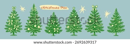 Winter spruce Trees with various decoration. Garland, toys, ribbons. Retro cartoon style. Hand drawn Vector illustration. Isolated design elements. Christmas, new year celebration, holiday concept