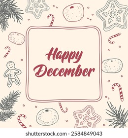 Winter square banner with gingerbread, tangerines, tree, sweets Happy December on gentle background vector template calendar