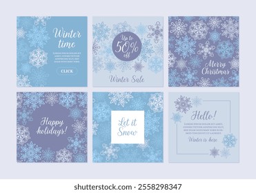 Winter square banner set. Merry Christmas greeting card collection. Holiday background with blue snowflake elements for social media post. Modern poster with snow pattern illustration.