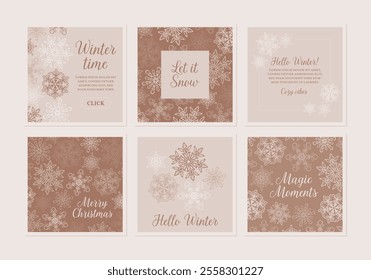 Winter square banner set. Merry Christmas greeting card collection. Mocha mousse holiday background with brown tones snowflakes. Social media post template. Trending color pattern illustration.