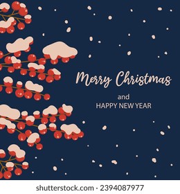 Winter square festive card on blue background with text Merry Christmas in flat vector style. Hand drawn branches, red berries and snow. Holiday seasonal floral decoration.