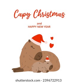 Winter square festive card on white background. Capybara, baby capybara, red hat and text Capy Christmas. Hand drawn flat vector style. Holiday seasonal decoration.