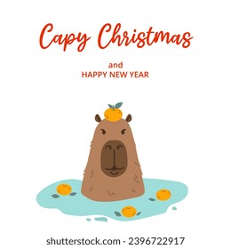 Winter square festive card on white background with capybara, tangerines in water and text Capy Christmas. Hand drawn flat vector style. Holiday seasonal decoration.