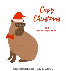 Winter square festive card on white background. Capybara, red hat, bow tie, sunglasses and text Capy Christmas. Hand drawn flat vector style. Holiday seasonal decoration.