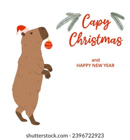 Winter square festive card on white background. Capybara, tree, ball, red hat and text Capy Christmas. Hand drawn flat vector style. Holiday seasonal decoration.