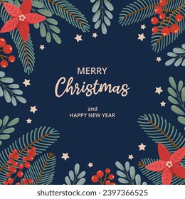Tarjeta festiva cuadrada de invierno sobre fondo azul con texto Feliz Navidad en estilo vectorial plano. Ramas de árboles de navidad dibujadas a mano, poinsettia, bayas rojas, estrellas. Decoración floral de temporada.