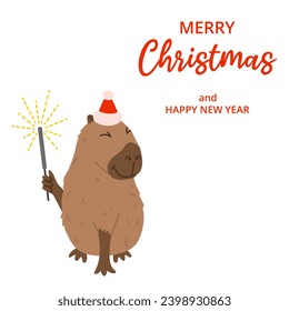 Winter square festive card on white background. Capybara, red hat, Bengal fire and text Merry Christmas. Hand drawn flat vector style. Holiday seasonal decoration.