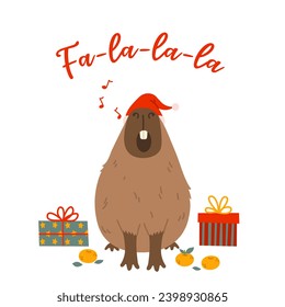 Winter square festive card on white background. Capybara, gift boxes, red hat, musical notes, tangerines and text Fa la la la. Hand drawn flat vector style. Holiday seasonal decoration.