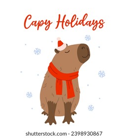 Winter square festive card on white background. Capybara, snowflakes, red hat, scarf and text Capy Holidays. Hand drawn flat vector style. Holiday seasonal decoration.