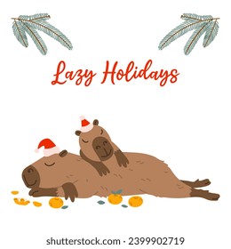 Winter square festive card on white background. Capybara, baby capybara, red hat, tangerines and text Lazy Holidays. Hand drawn flat vector style. Holiday seasonal decoration.