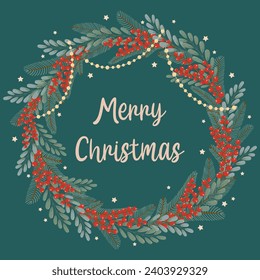 Winter square festive card on green background with floral wreath and text Merry Christmas in flat vector style. Christmas tree branches, beads, red berries, stars. Holiday seasonal decoration.