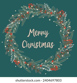 Winter square festive card on green background with floral wreath and text Merry Christmas in flat vector style. Christmas tree branches, red berries, stars. Holiday seasonal decoration.