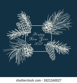 Winter square frame with fir and pine branches and cones. New year vector illustration. Classic Blue background and white greeting.